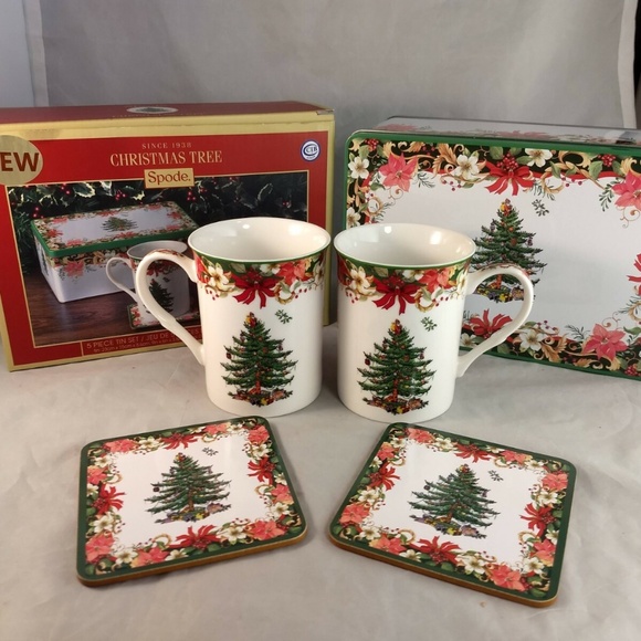 Set of TWO NIB Spode Christmas Tree 5 pc tin sets Poinsettia 4 mugs 2 tins - Picture 2 of 6